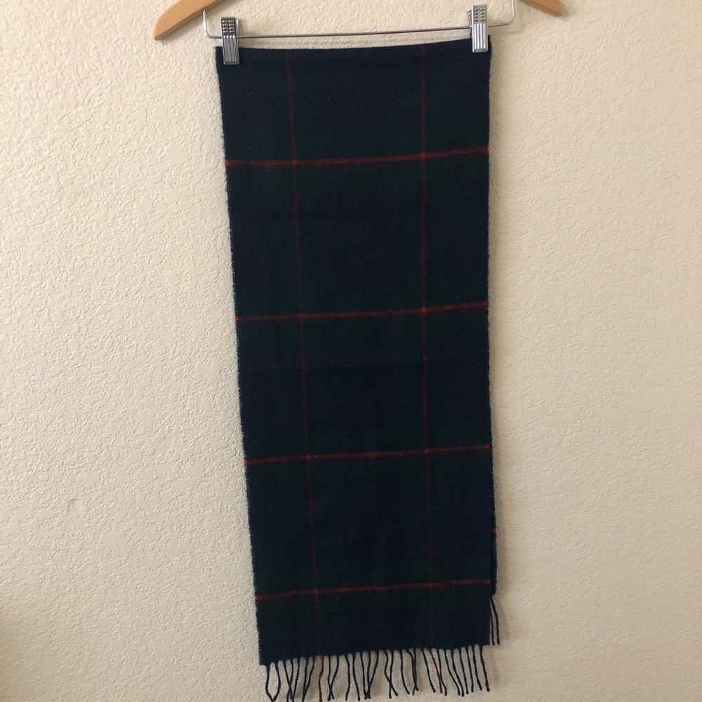 Johnston's of Elgin Scotland Lambswool Blue, Green & Red Plaid Fringe Scarf